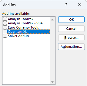 Add-ins dialog showing Quantum XL in list