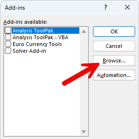Add-ins dialog with arrow pointing to Browse button