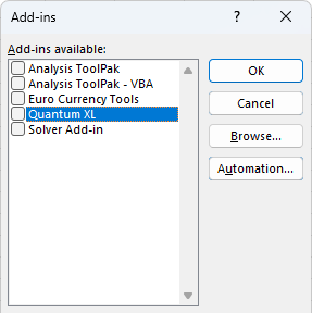 Add-ins dialog showing Quantum XL to uncheck