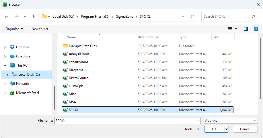 File browser showing SPCXL file selected