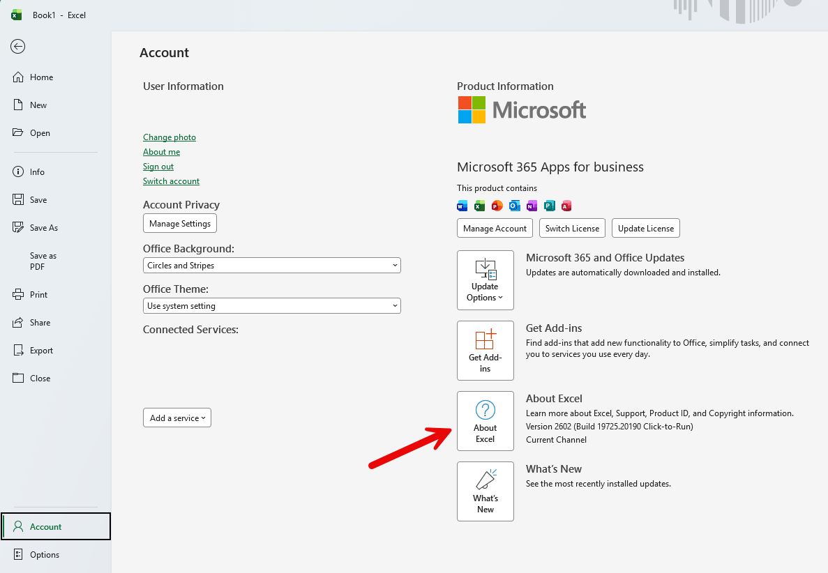 Excel Account page showing About Excel button